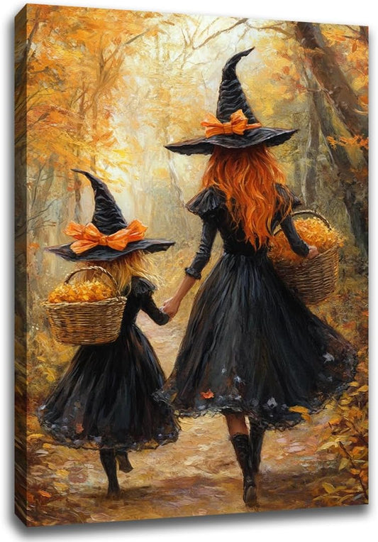 Mother Witch And Child Daughter Witch Wall Art,Halloween Autumn Woodland Forest Path Picture,Family Room Nursery Playroom Kids Room Decor,20"x30" Framed