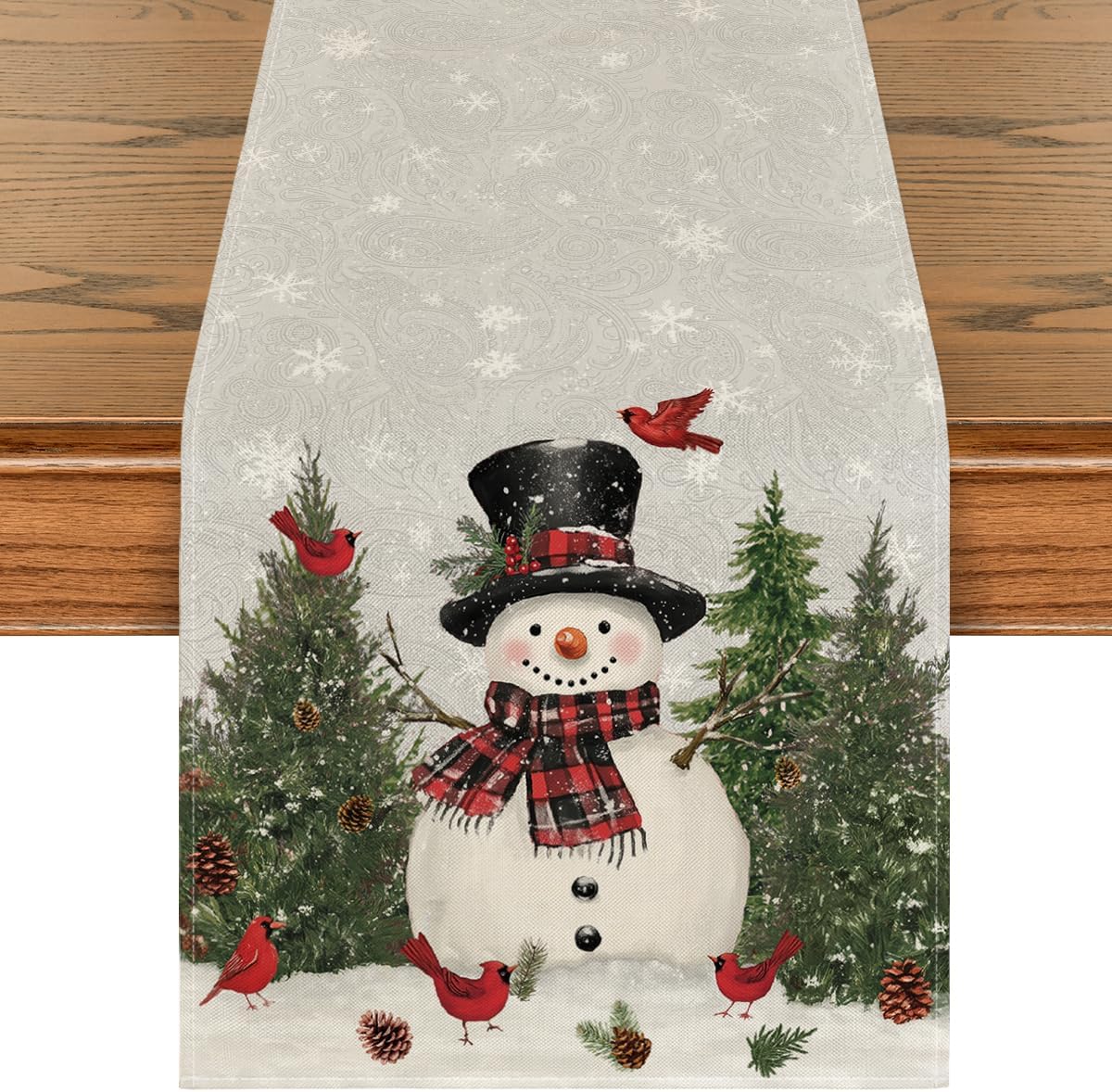 Artoid Mode Snowman Birds Trees Christmas Table Runner, Seasonal Silver Winter Holiday Kitchen Dining Table Decoration for Home Party Decor 13 x 36 Inch