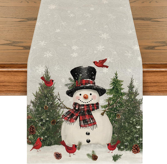 Artoid Mode Snowman Birds Trees Christmas Table Runner, Seasonal Silver Winter Holiday Kitchen Dining Table Decoration for Home Party Decor 13 x 90 Inch