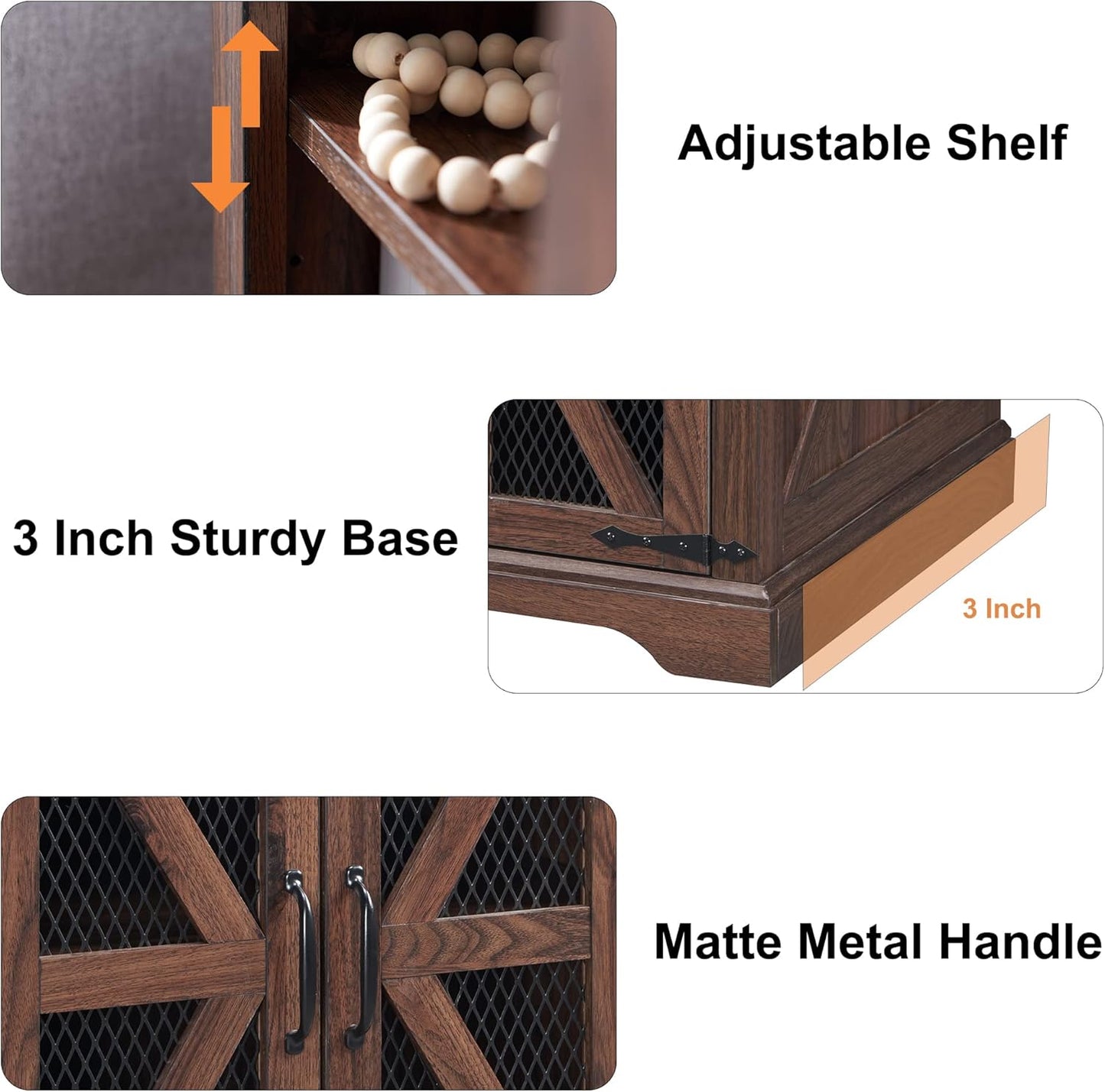 JXQTLINGMU Farmhouse End Table, 24" Large Sofa Side Table with Charging Station, Mesh Barn Door, and Adjustable Storage Shelf, Rustic Wood Square Nightstand for Living Room, Bedroom, Office, Brown