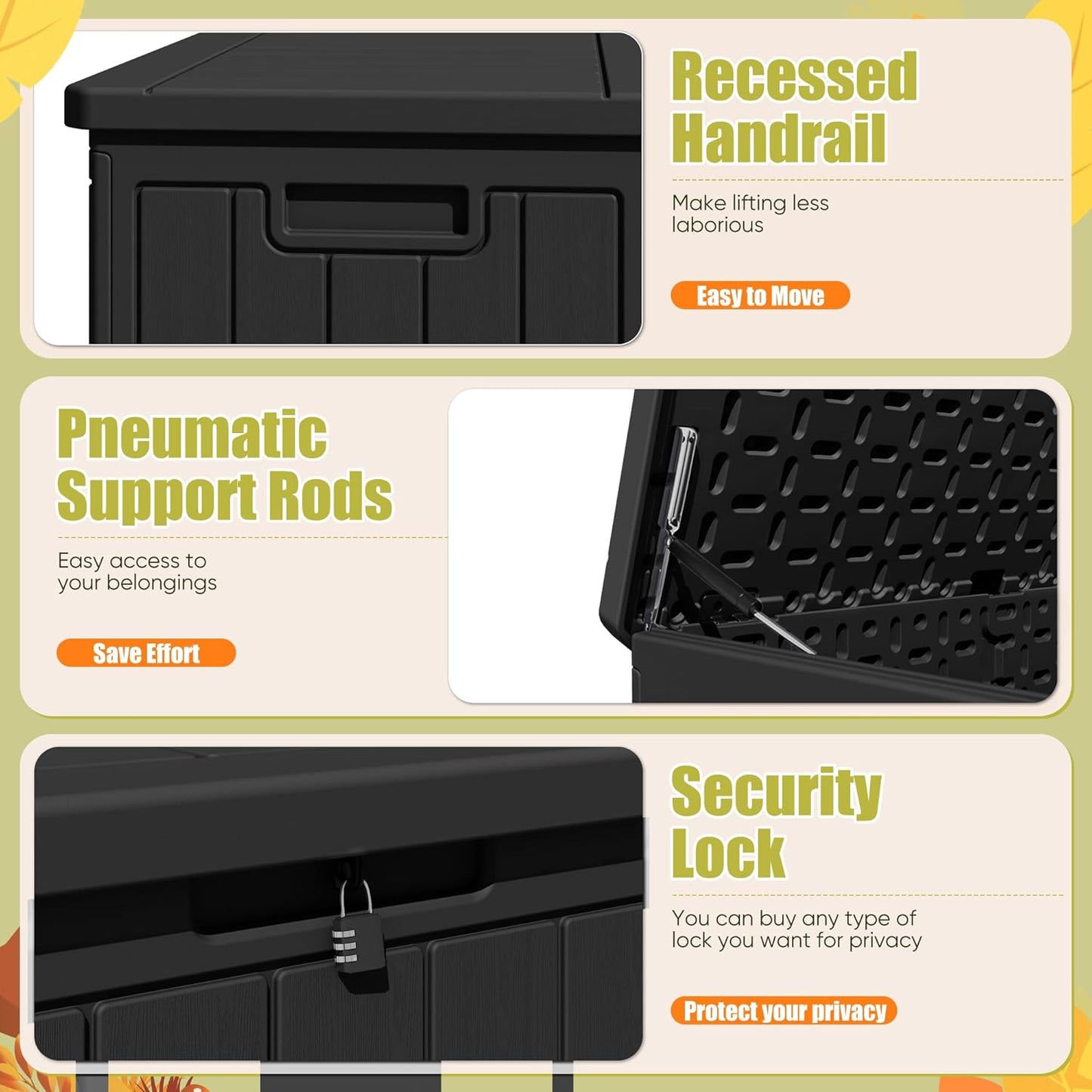 Devoko 90 Gallon Double-Wall Deck Box, Side Handles, HDPE Outdoor Large Storage Box Waterproof and Lockable for Patio Furniture, Garden, Pool (Black, 90 Gallon)