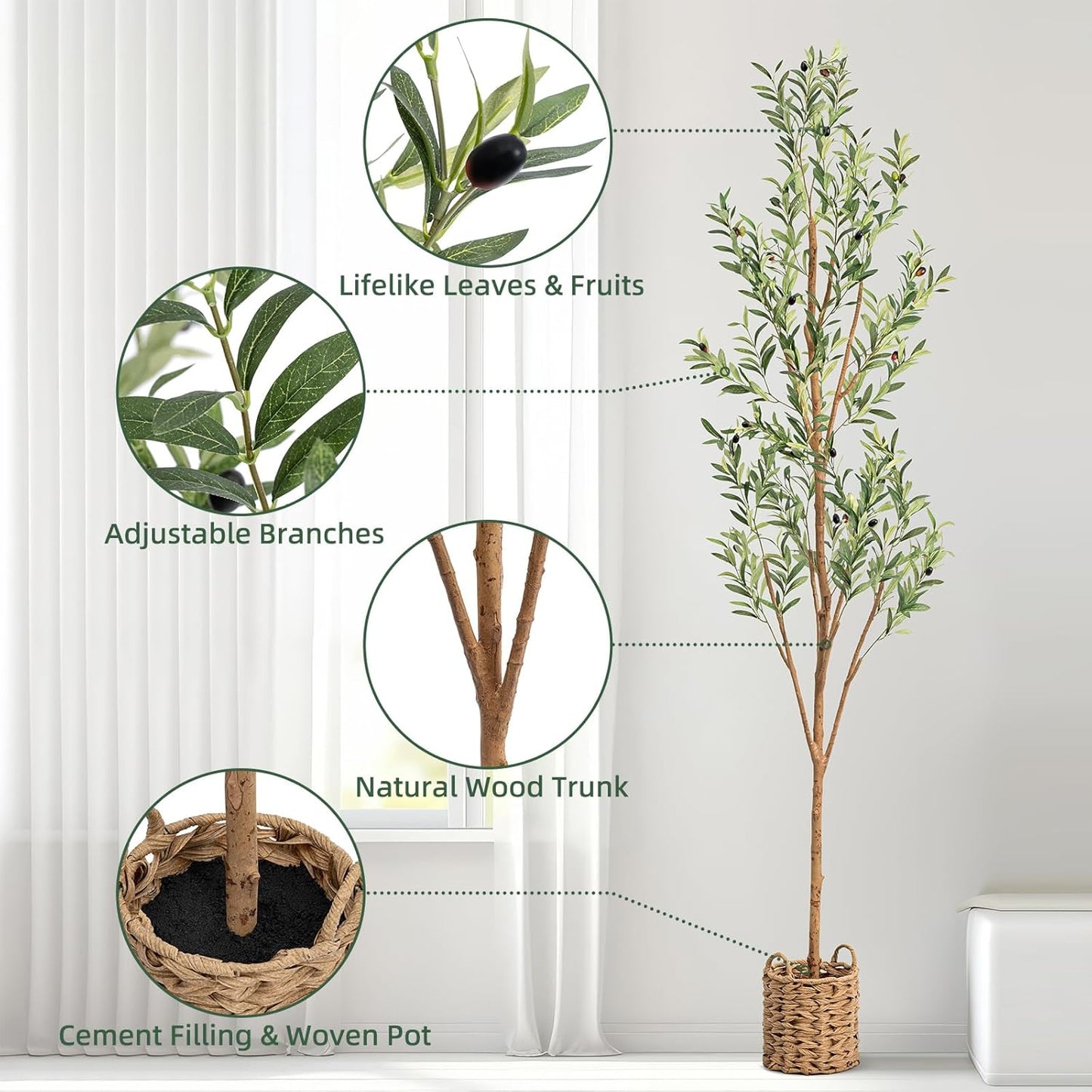 7ft Artificial Olive Tree with LED Fairy Lights & Woven Planter - Lifelike Faux Silk Plant with Realistic Leaves & Fruits and Natural Trunk for Indoor Home Office Living Room Bedroom Foyer Decor