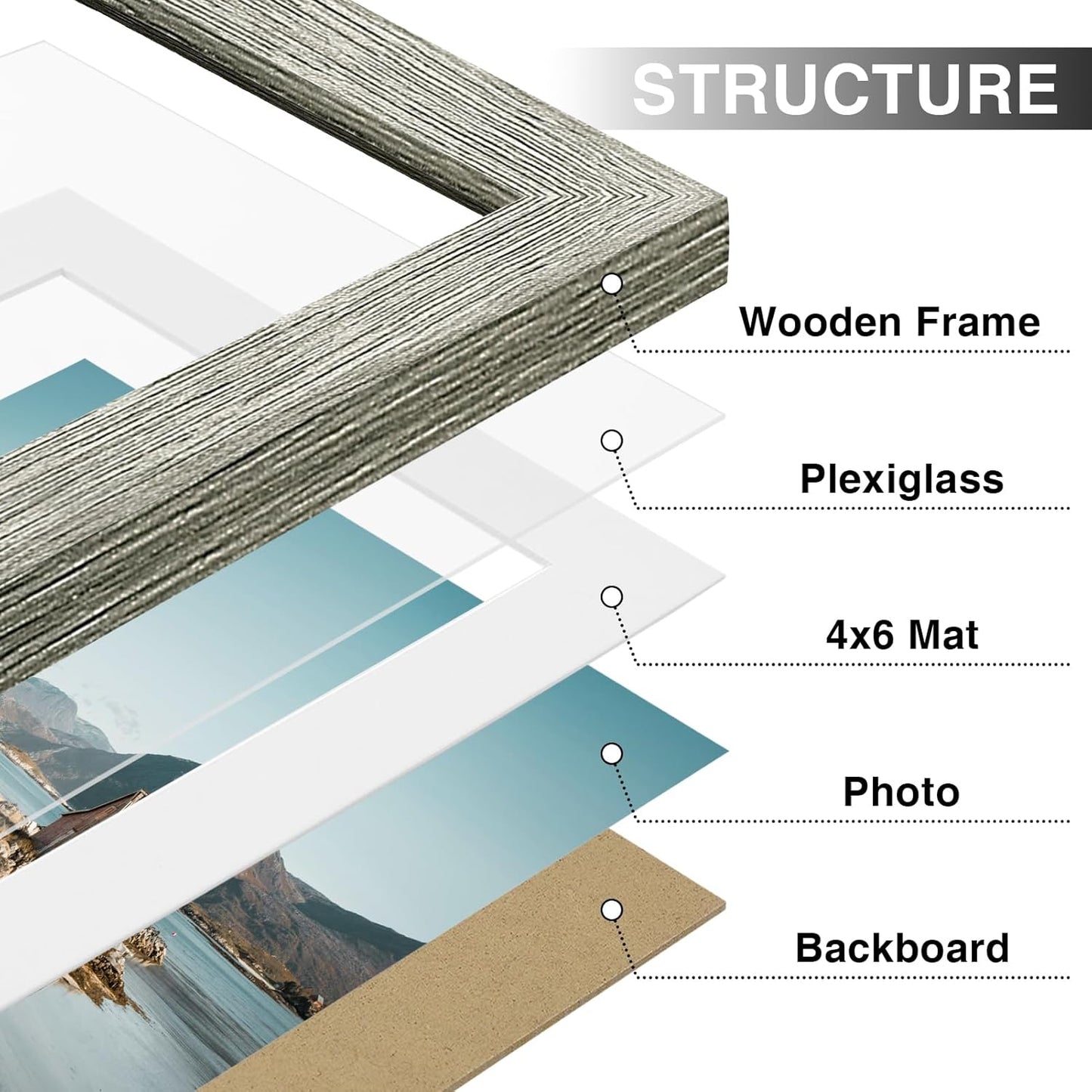 Vittanly 5x7 Picture Frames Set of 9, Shatter Resistant Plexiglass, Display 4x6 Pictures with Mat or 5x7 without Mat, Photo Frames for Wall or Tabletop, Engineered Wood, Grey