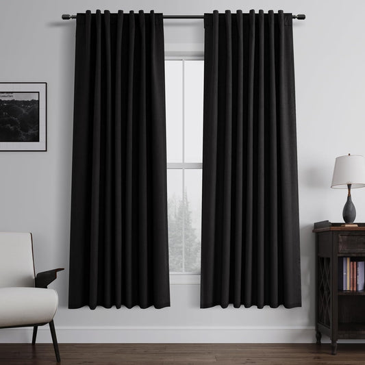 BOODII Linen Blackout Curtains for Bedroom 72 Inch Length 2 Panels Set Room Darkening Curtains Black Black Out Curtain Elegant Thermal Insulated Living Room Window Drapes Back Tab 52x72