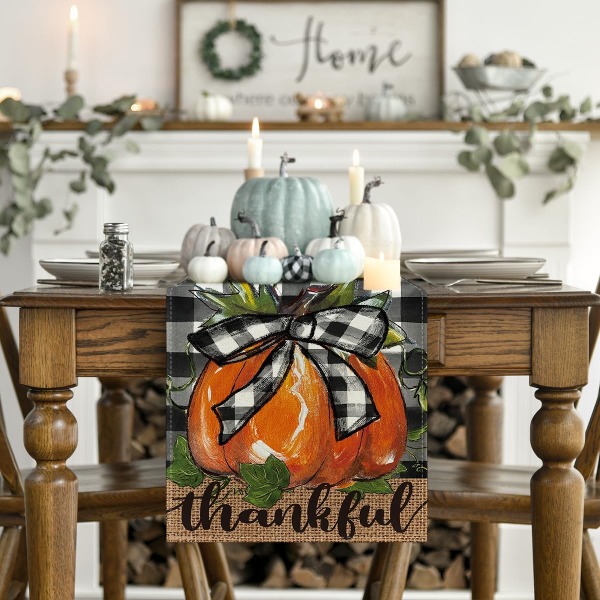 Artoid Mode Buffalo Plaid Bowknot Pumpkin Thankful Fall Table Runner, Autumn Thanksgiving Kitchen Dining Table Decoration for Home Party Decor 13x120 Inch