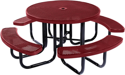 Heavy-Duty Portable Outdoor Picnic Table with Umbrella Hole, Punched Steel Commercial-Grade Patio Dining Furniture Made in America (46" Round Top, Burgundy)