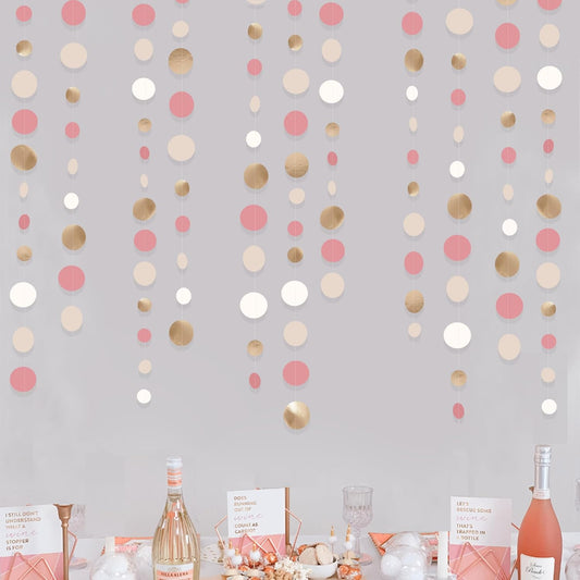 Champagne Gold Dusty Pink Decorations Circle Dots Garland Gold Pink Nude Neutral Cream White Boho Hanging Polka Dot Streamer for Bridal Shower Birthday Wedding Engagement Baby Shower Party Supplies