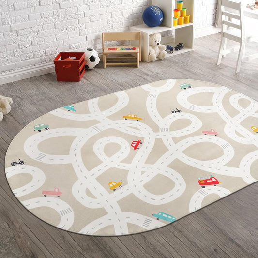 STARUIA Large Kids Rug for Playroom, 4'x6' Washable Road Rug for Nursery, Non-Slip Car Rugs for Boys Room, Tan Traffic Classroom Rugs Soft Baby Play Mat for Dorm Toy Room Tent