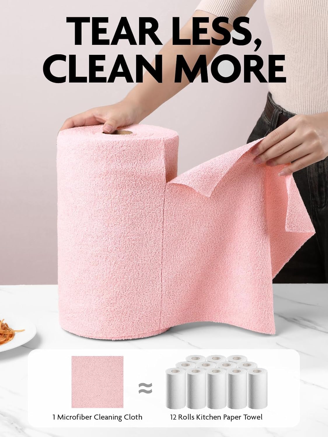 Fantasticlean Microfiber Cleaning Cloth Roll -40 Pack, Tear Away Microfiber Towels, 12" x 12", Reusable, Washable, Scratch Free, Ultra Absorbent Dish Rags for Car, Home, Garage or Shop (Pink)