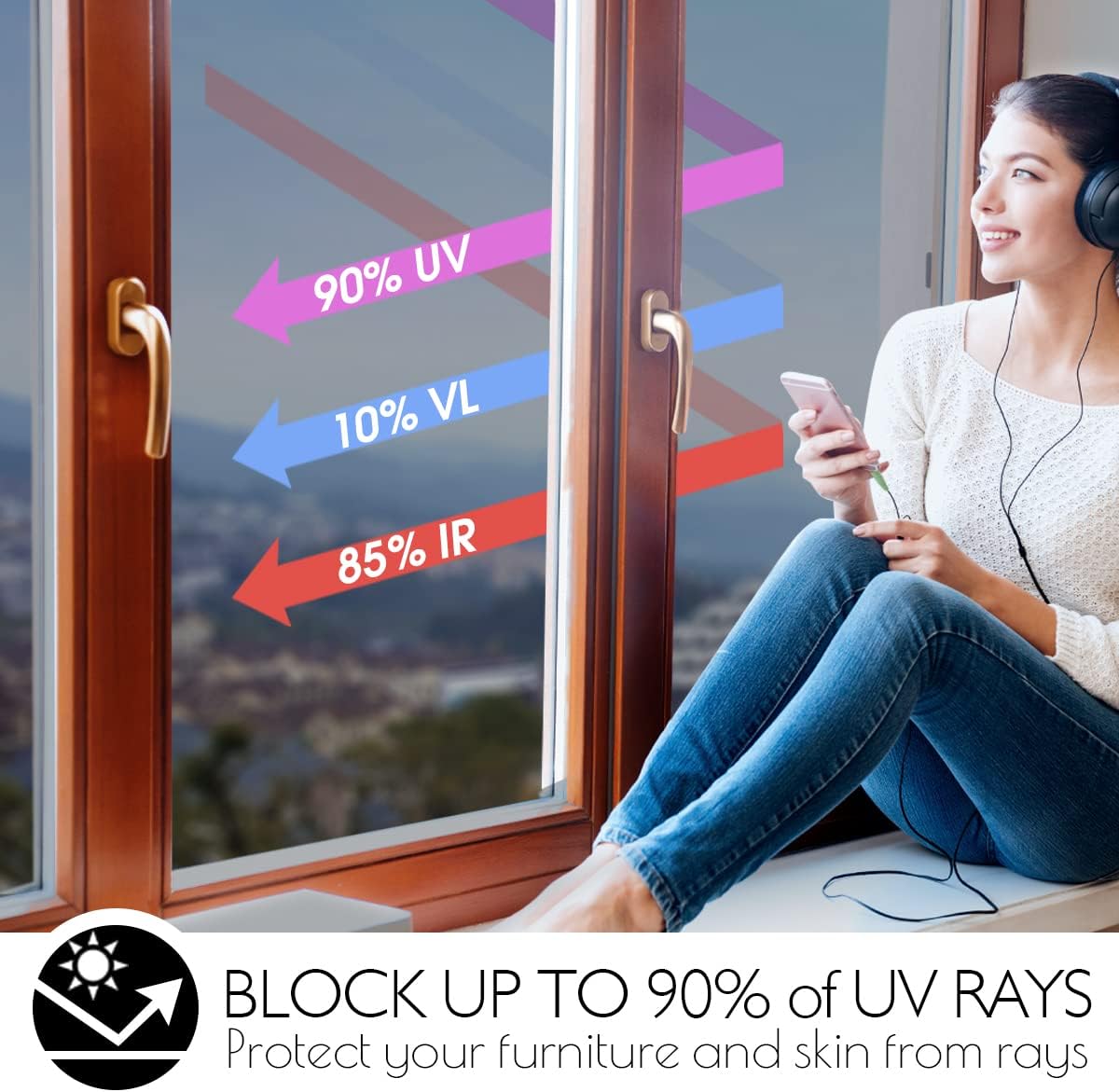 HIDBEA One Way Privacy Window Film, Daytime Mirror Reflective Heat Control UV Sun Blocking Non-Adhesive Static Cling Window Tint for Home and Office(Black-Silver, 55.1 Inch x 32.8 Feet)