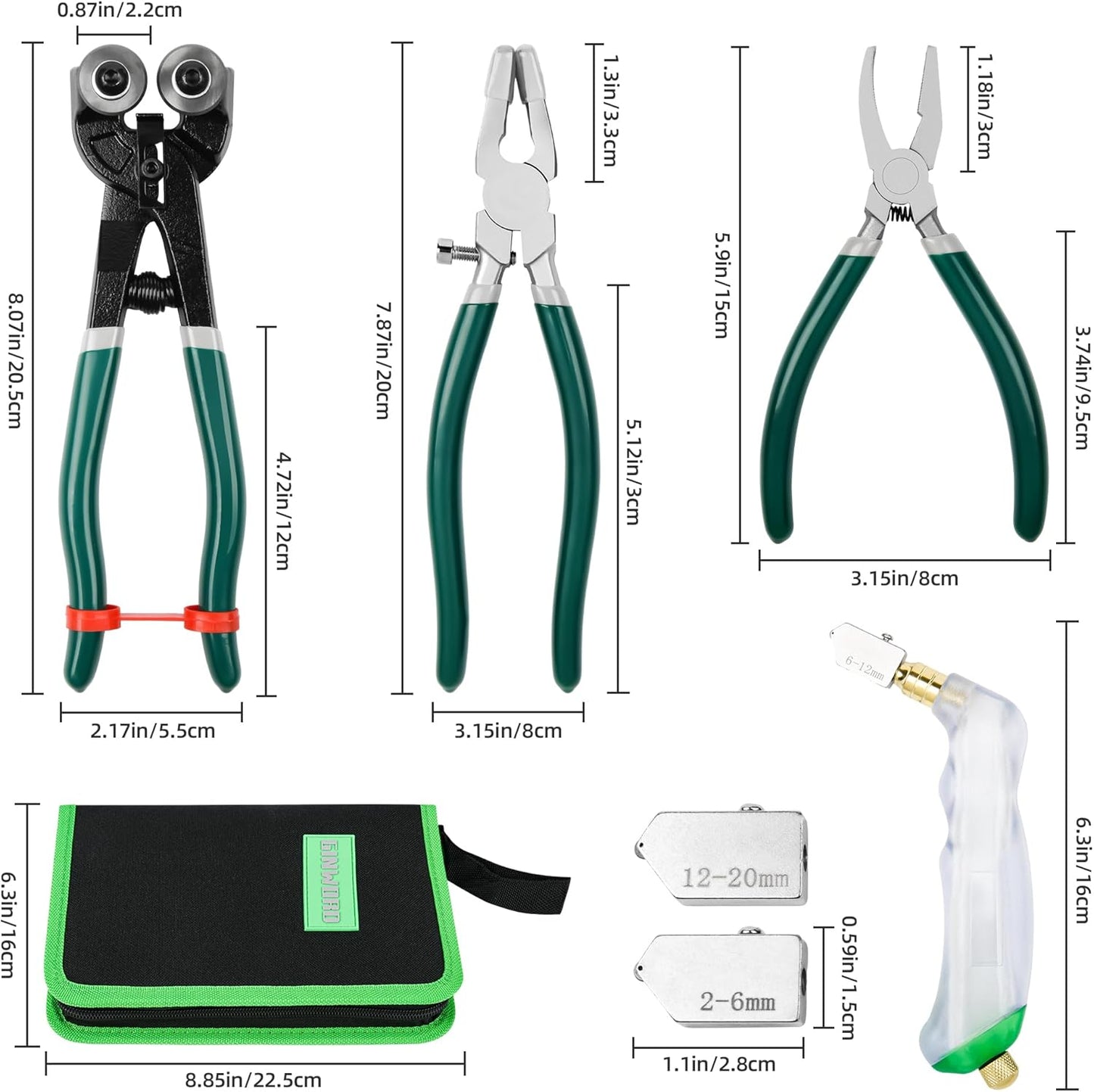10Pcs Heavy Duty Glass Cutters Tools Kit, Wheeled Glass Tile Nippers Glass Running Breaking Pliers, Breaker Grozer Pliers with Curved Jaws, for Stained Glass, Mosaics, Fusing, Breaking