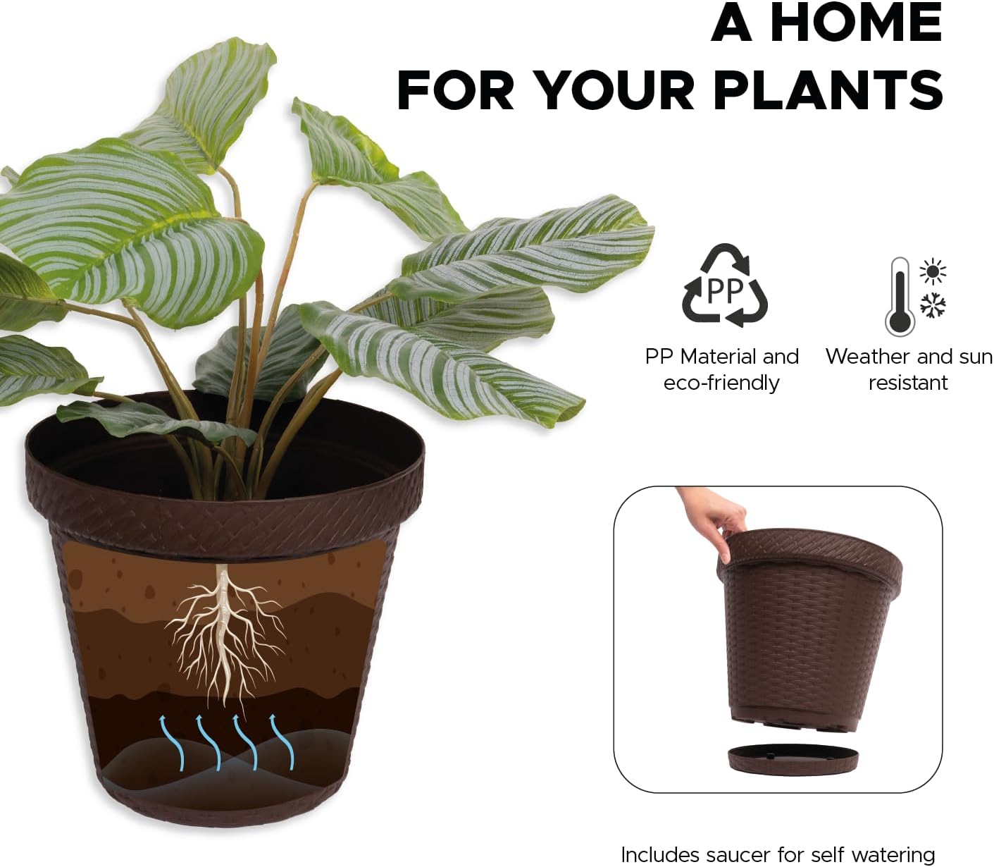 Elly Décor Set of 2 12 inch Round Saucer Modern Self Watering Planter Plates, Pots with Rattan-Like Finish, 12x12 Chocolate Brown