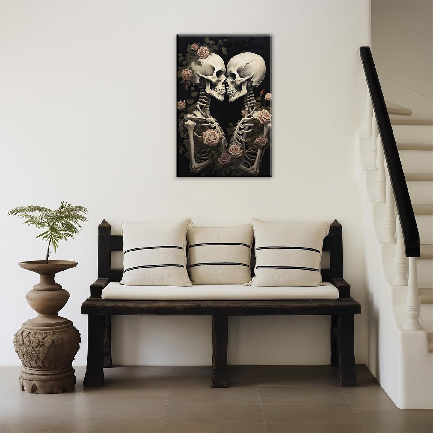 OAAPITI Vintage Skeleton Canvas Wall Art Gothic Painting Artwork Retro Rose Skull Art Poster Abstract Romantic Theme Picture Halloween Living Room Decor(Artwork-4,16"x24")