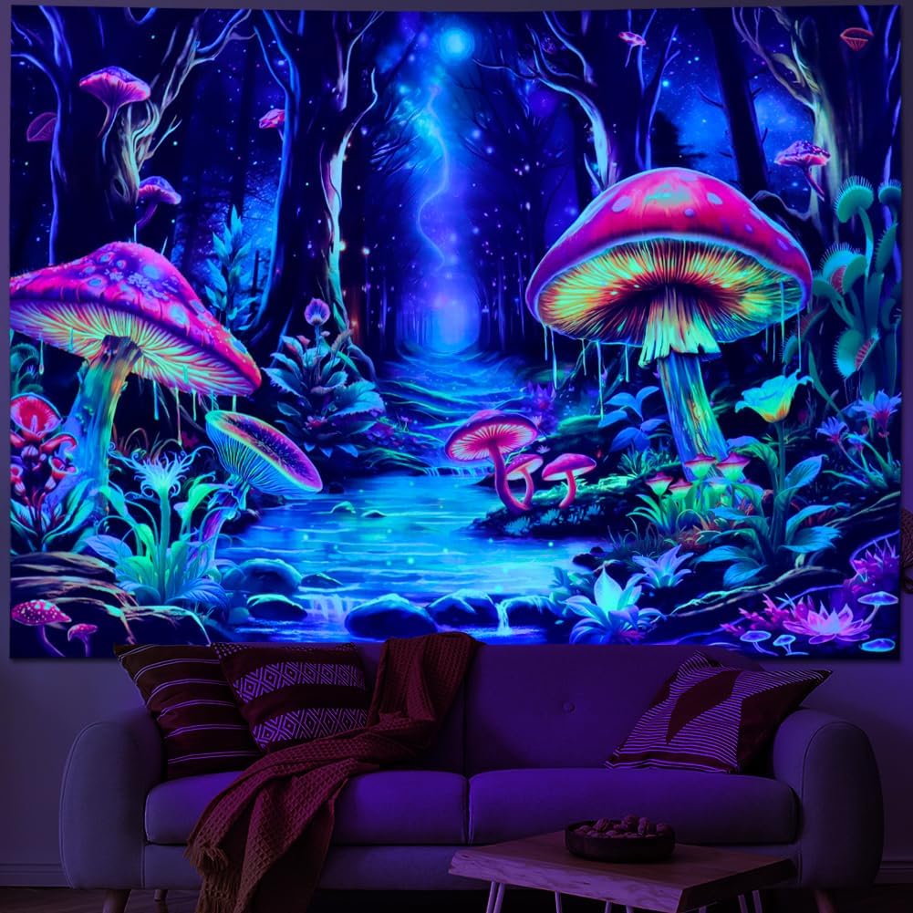 Yuiqear Blacklight Mushroom Tapestry Fantasy Forest Tree Tapestries UV Reactive Floral Plant Tapestries Neon Glow in The Dark Tapestry Wall Hanging for Bedroom Aesthetic Decor