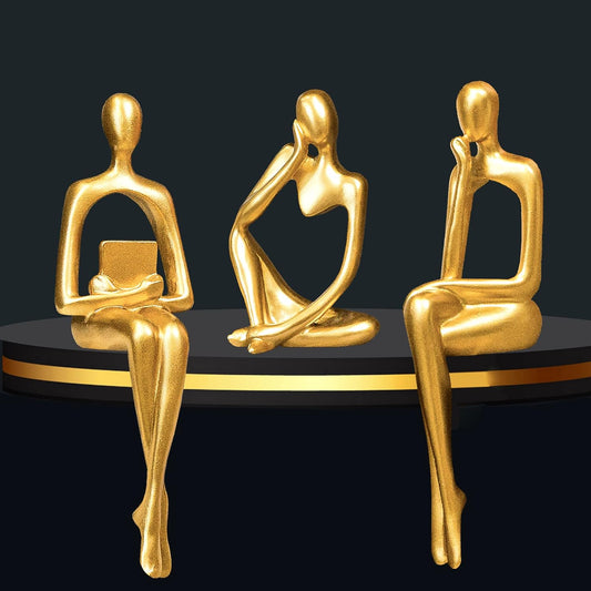 Gold Home Decor Thinker Statue Accents, Set of 3 Thinker Sculptures Office Decor Modern Abstract Resin Decoration on Shelf Table Desk for Living Room Office Bedroom (Large Gold)