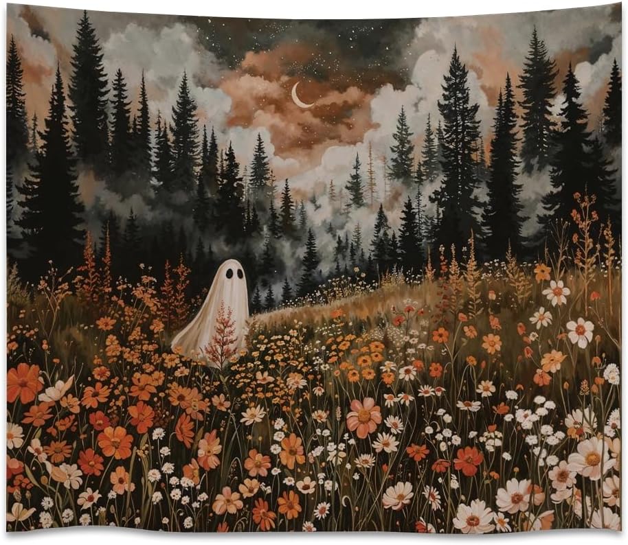 Spooky Fall Forest Art Halloween Tapestry Wall Hanging Cute and Funny Forest Flower Ghost Tapestry for Bedroom Whimsical Dark Academia Aesthetic Tapestries for Home Living Room Decor 30x40inch