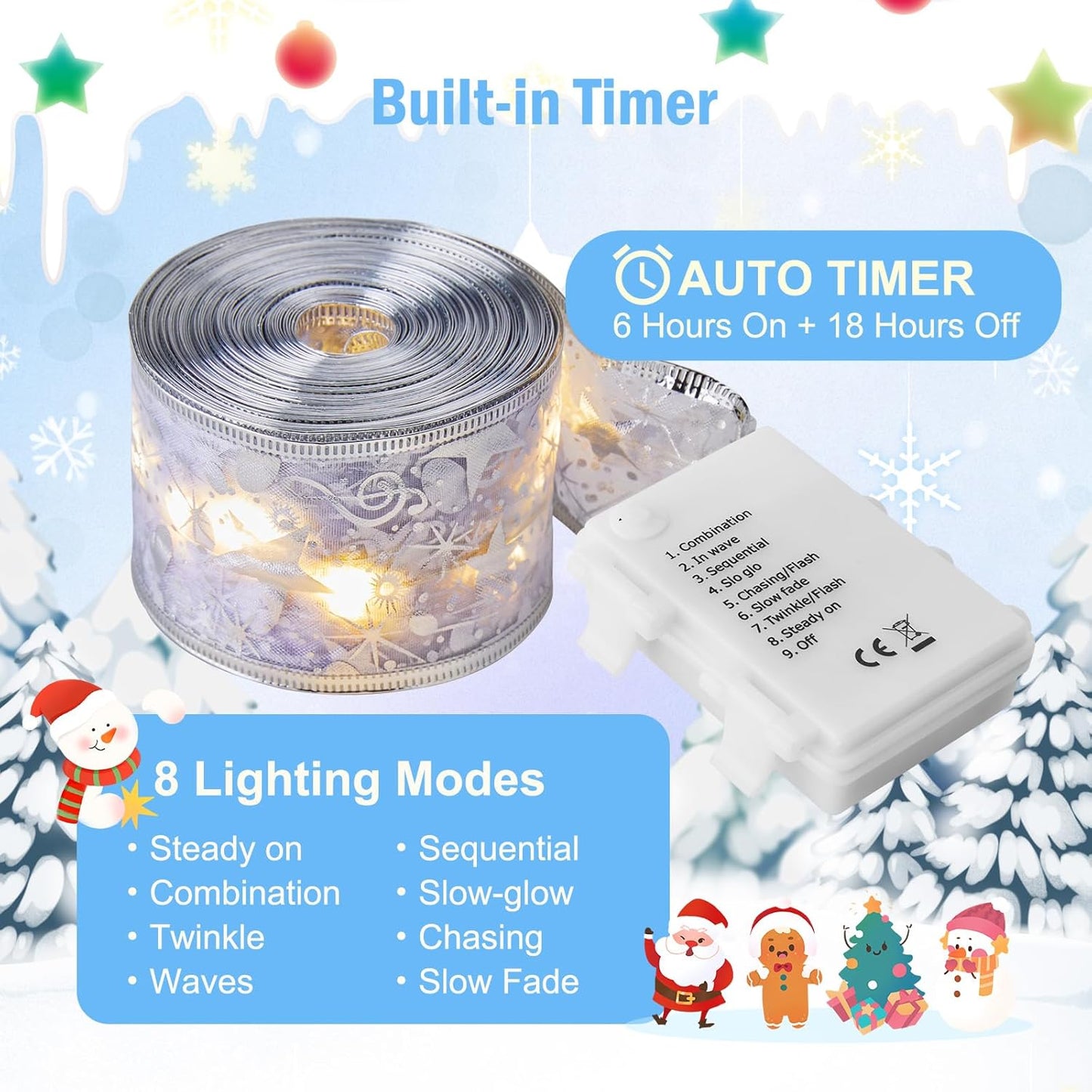 Minetom Christmas Tree Ribbon String Lights - 33ft 100 LED Battery Powered Fairy Lights with Timer