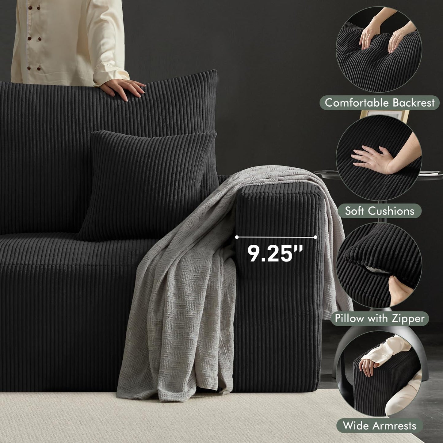 Boneless Sectional Cloud Couch Sofa Bed for Living Room, 112" Modular Modern Lounge 3 Seater Sleeper Black Couches with Chaise, No Assemble, Cordury Compression Upholstered Sofas