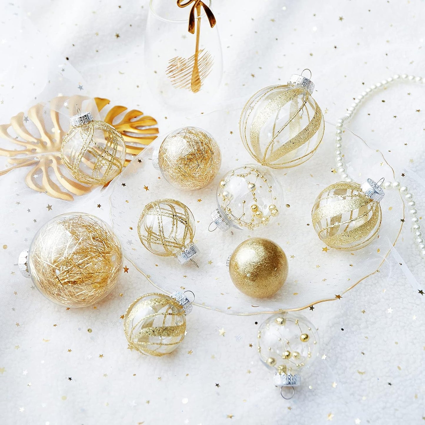Clear Christmas Ball Ornaments,24ct Shatterproof Plastic Decorative Christmas Ornaments Hanging Xmas Tree Baubles Set with Stuffed Delicate Glittering Decorations for Holiday Party Home Decor (Gold)