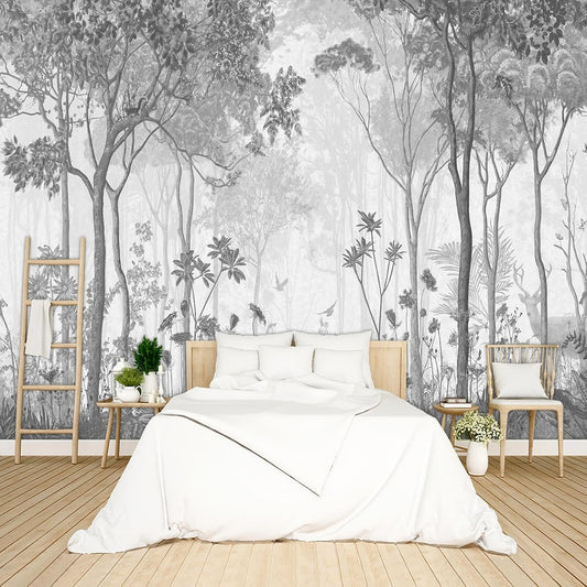 Grey Forest Wallpaper Woodland Peel and Stick Wall Mural for Bedroom Living Room - 85"x118"