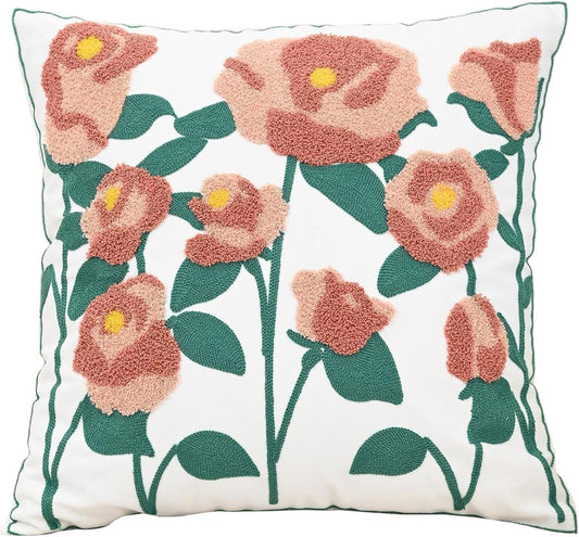 Spring Floral Throw Pillow Cover Embroidered Pillow Case Modern Romantic Flower Cushion Covers for Living Room Couch Bedroom Pink Rose