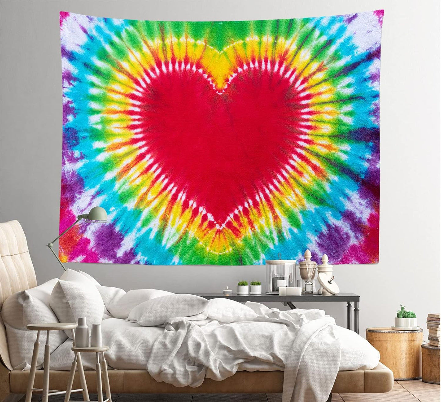 Loccor Colorful Tie Dye Tapestry Rainbow Heart Tie Dye Watercolor Wall Hanging Abstract Hippie Wall Decor LBGT Party Supplies Home Bedroom Living Room Decor W92 x H70 inches
