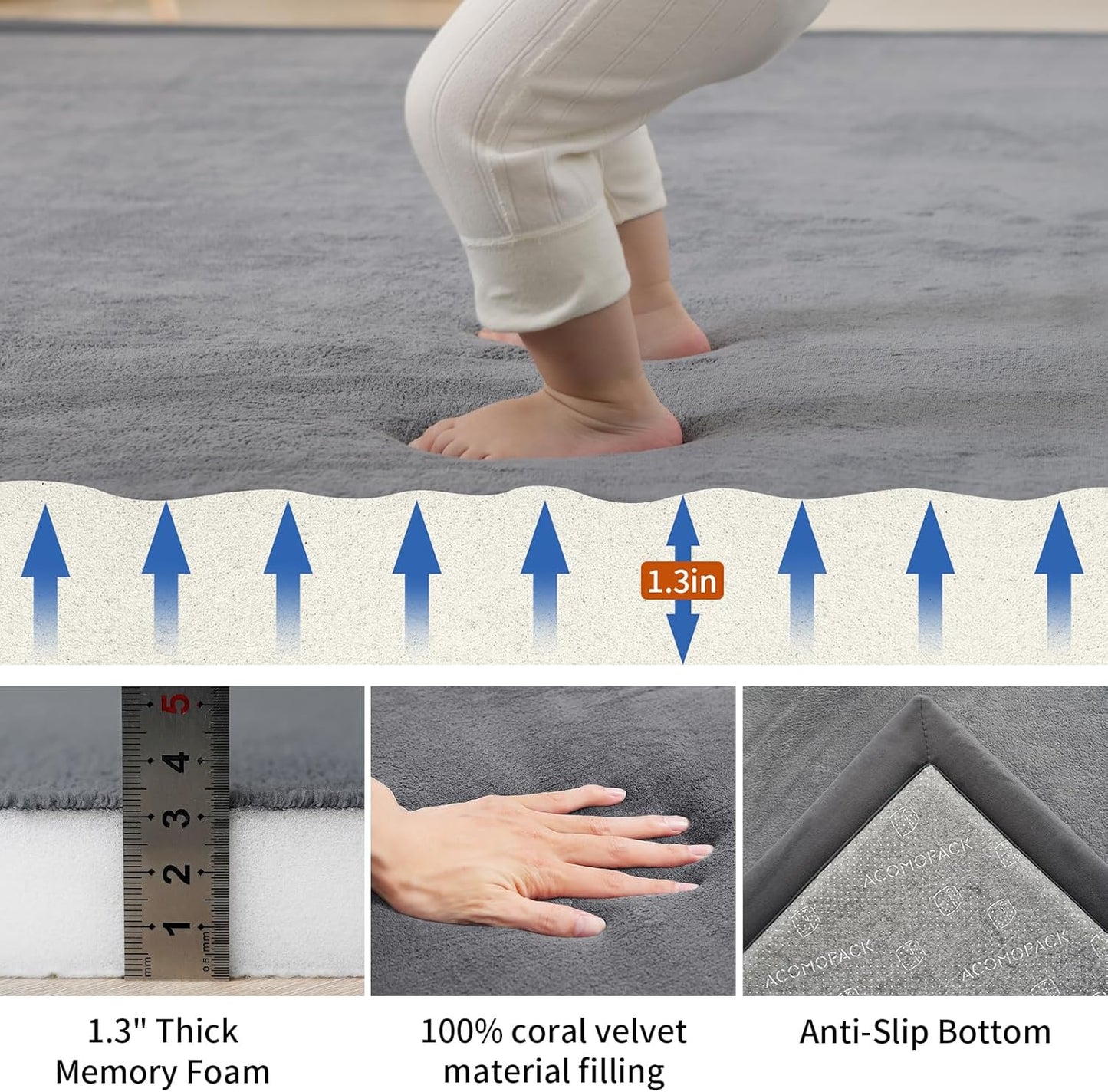 ACOMOPACK Baby Play Mat for Floor,1.3" Thick Memory Foam Area Rug for Living Room,Soft Velvet Crawling with Non-Slip Bottom for Kid,Toddler,59"×71" Tummy Time Nursery Rugs,Yoga（Dark Grey）