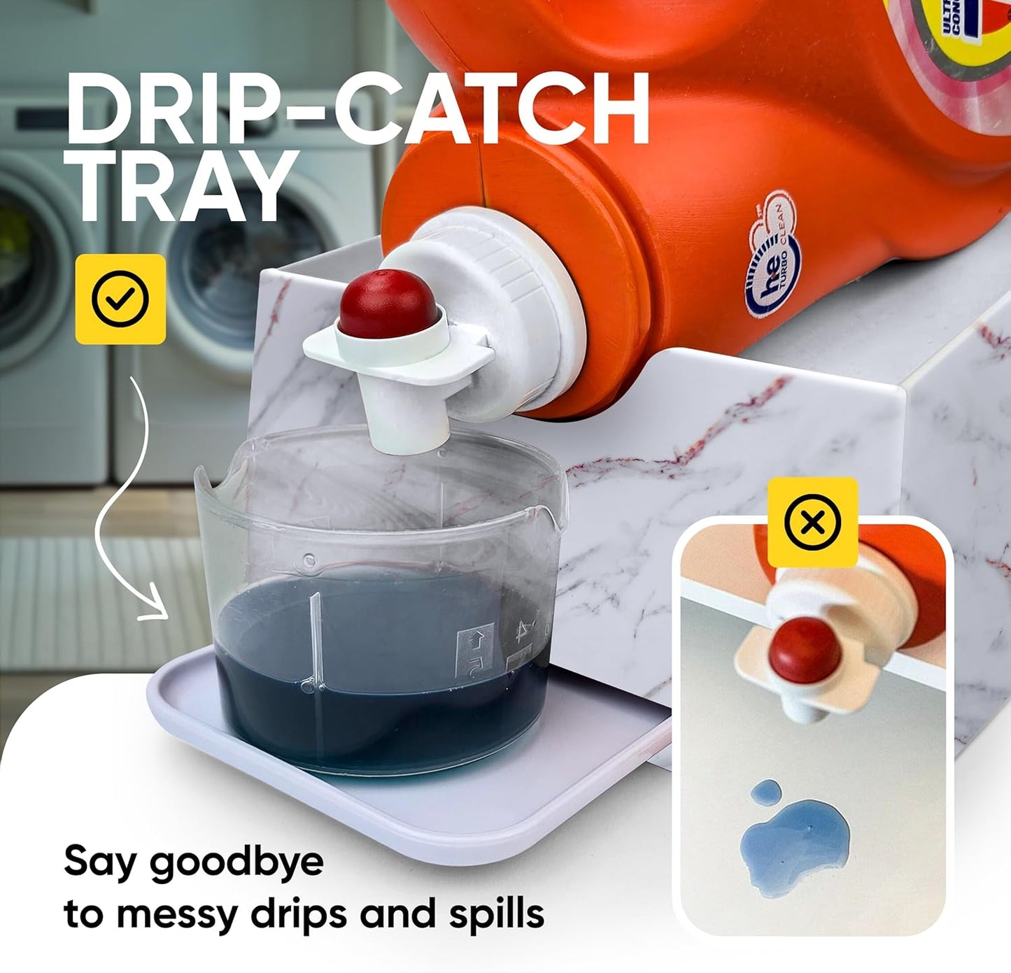 Skywin Laundry Room Organizer and Drip Tray - Soap Cup Storage for Liquid Detergent Containers (White Marble)