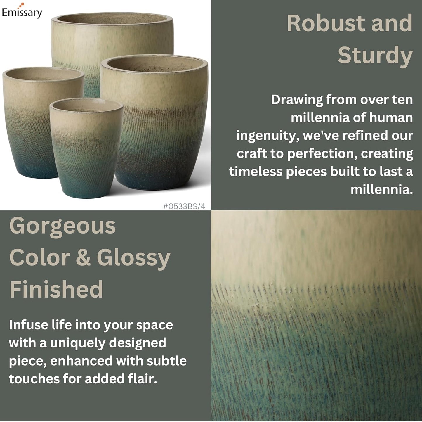 Emissary Home and Garden Bullet 11.5 in. Bayside Green Ceramic Round Planter (11.5 in. L x 11.5 in. W x 14 in. H) with Drainage Hole