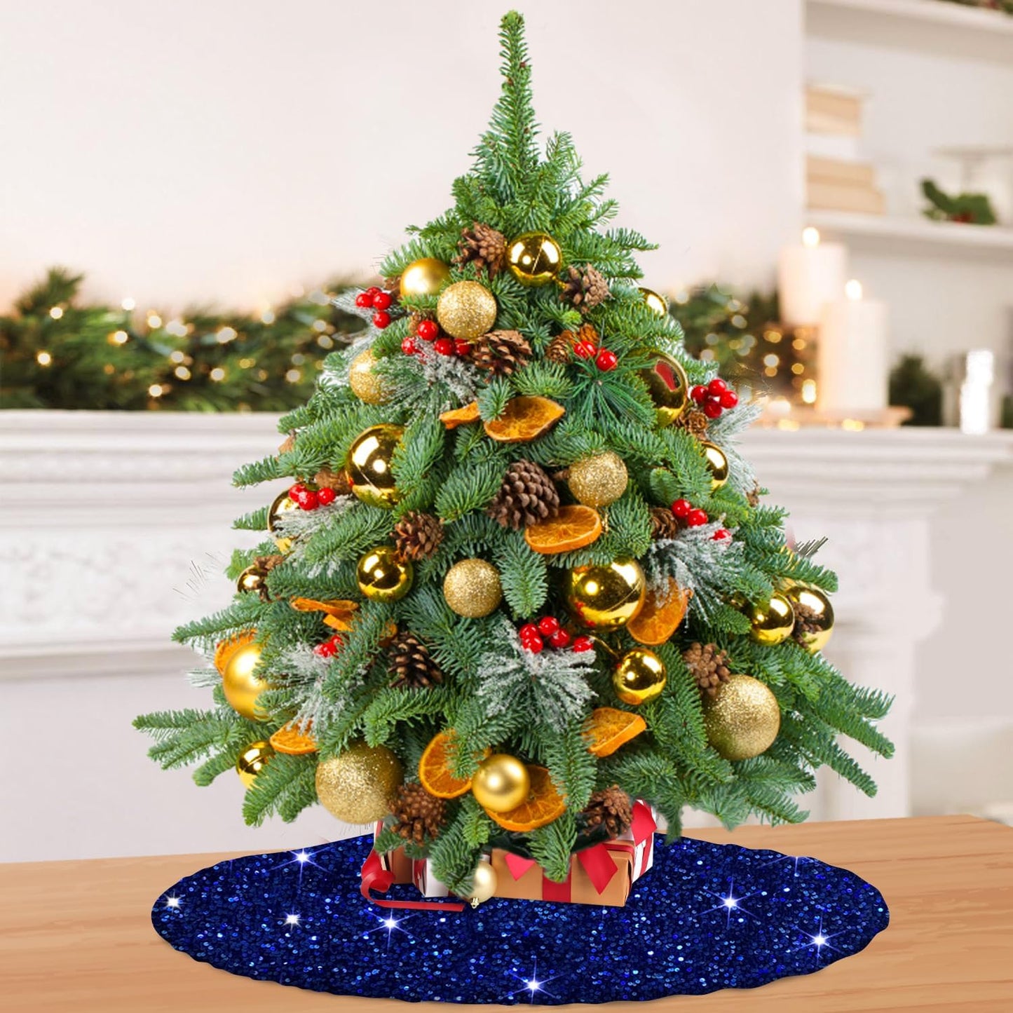 MODFUNS Blue Sequence Christmas Tree Skirt 21 Inches Mini Christmas Tree Mat for Home Decor Miniature Unique Xmas Tree Carpet Skirts Ornament for Christmas Day Family Reunion Holiday Party Banquet