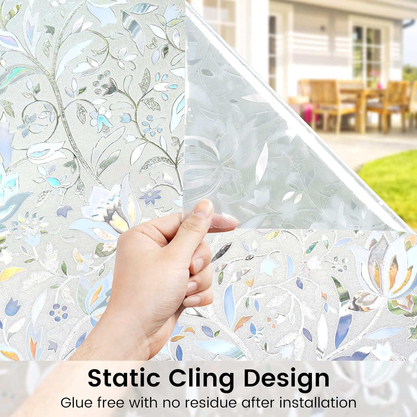 DOWELL Window Privacy Film, 3D Stained Glass Rainbow Films, Decorative Window Vinyl Sun Blocker Door Covering, Static Cling Non-Adhesive Glass Sticker for Home, Blooming Flowers, 23.6"x118.1"