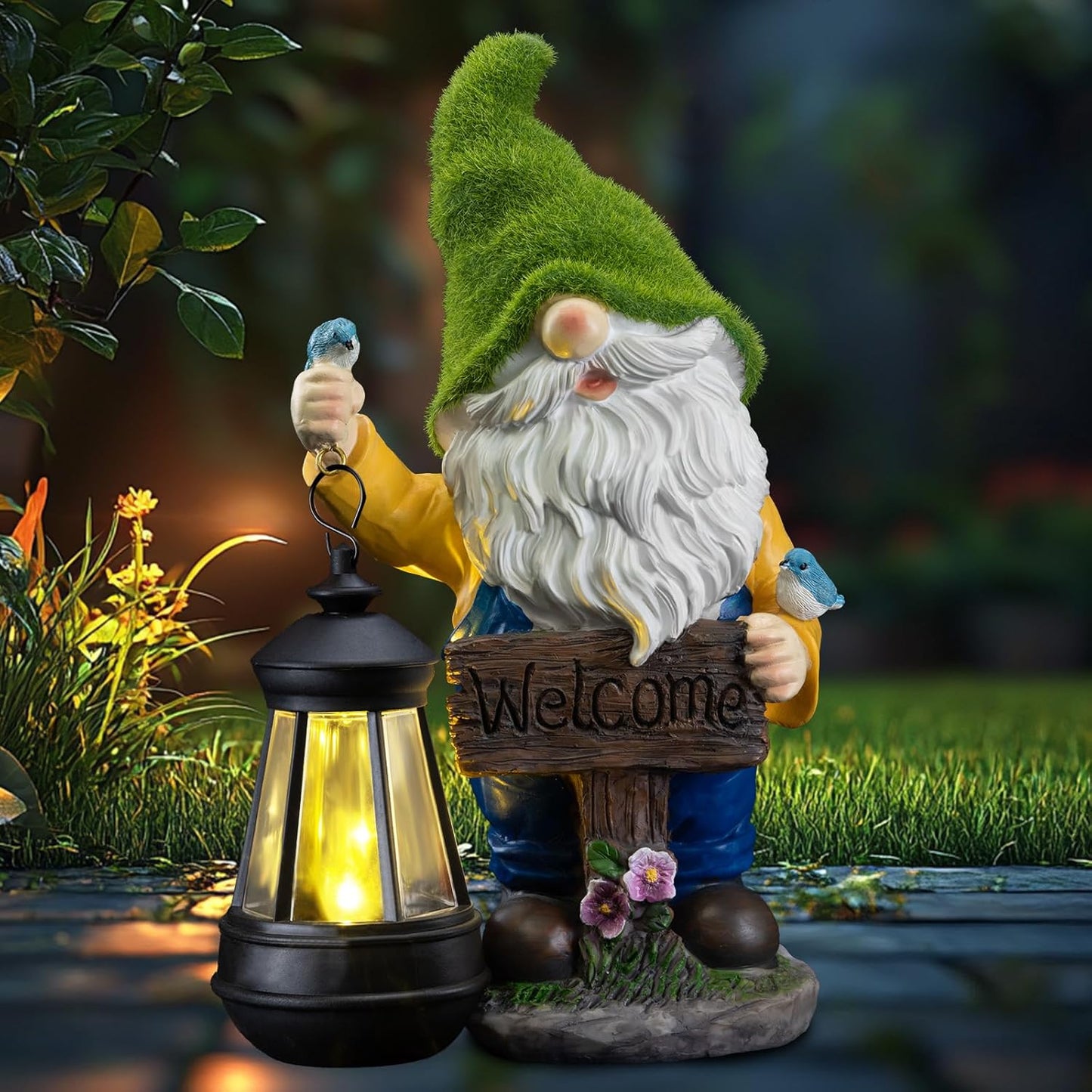Garden Gnome Outdoor Statues with Solar Lights,Resin Flocked Solar Gnome Statue Holding Lantern,Outdoor Gnomes Decorations for Garden, Patio Gnome Gifts for Mom
