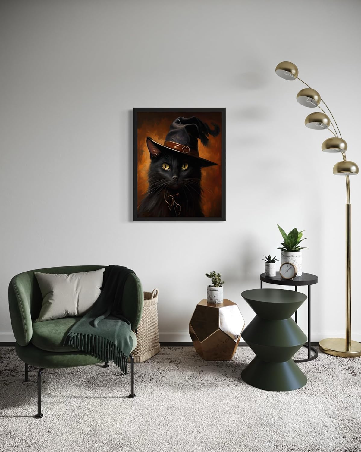 Witch Cat Poster Art Print, Halloween Scary Vintage Wall Art Academia Spooky Painting Decoration for Horror Prints, Gothic Posters Bedroom Decor 89 (Witch Cat, 11 x 14 inches, Black Frame)