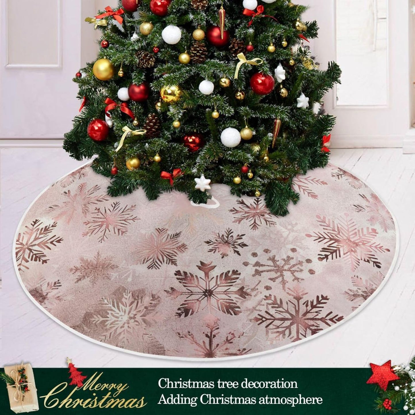 Christmas Tree Skirt, 48 Inch Seamless Pattern Rose Gold Snowflakes Xmas Tree Skirt for Christmas New Year Party Decorations Christmas Tree Mat
