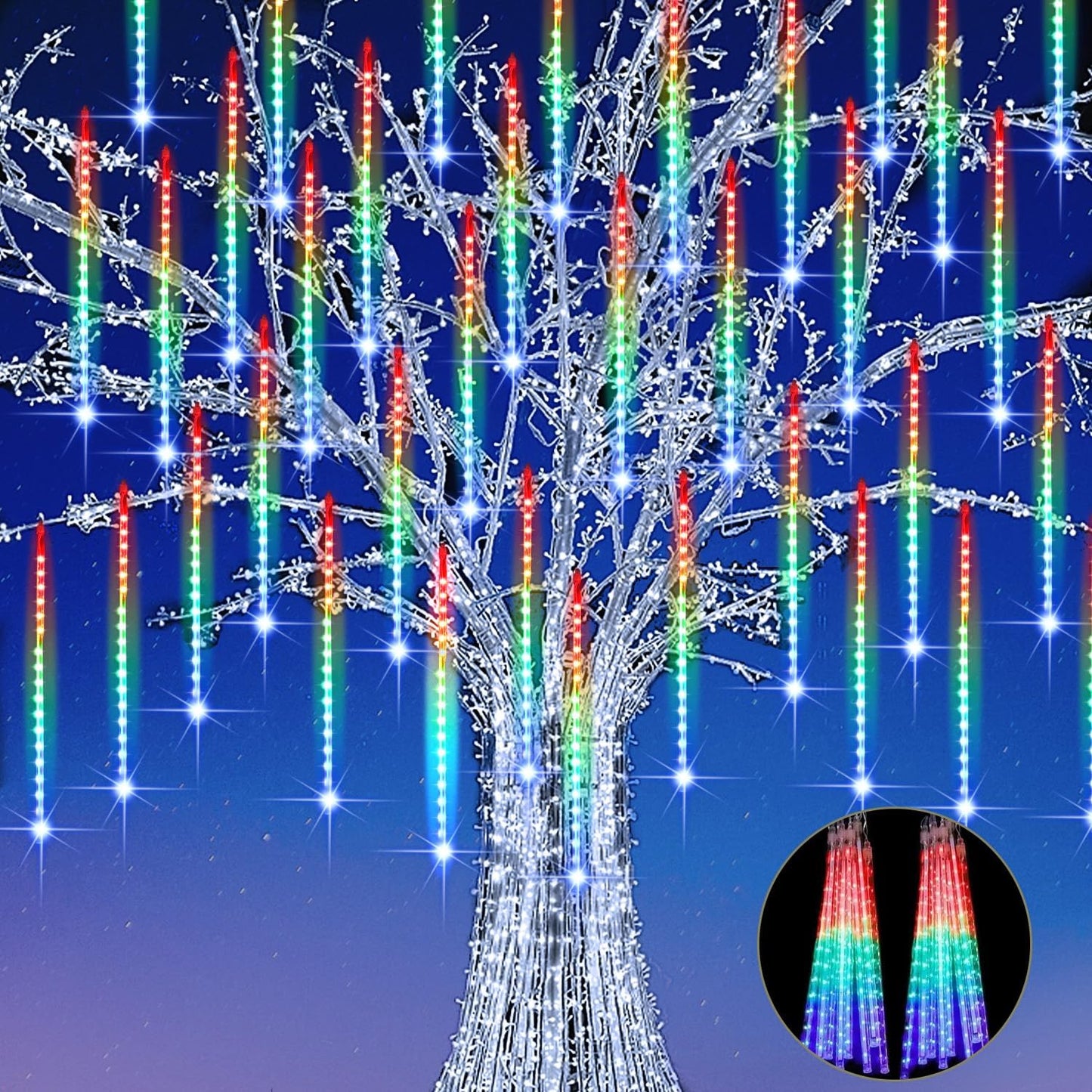 【4 Pack】 Christmas Lights Meteor Shower Rain Lights 20inch, Totally 40 Tube 1440 LEDs Icicle Lights Outdoor Raindrop Lights for Xmas Halloween Wedding Party Tree Holiday Decoration, Colorful