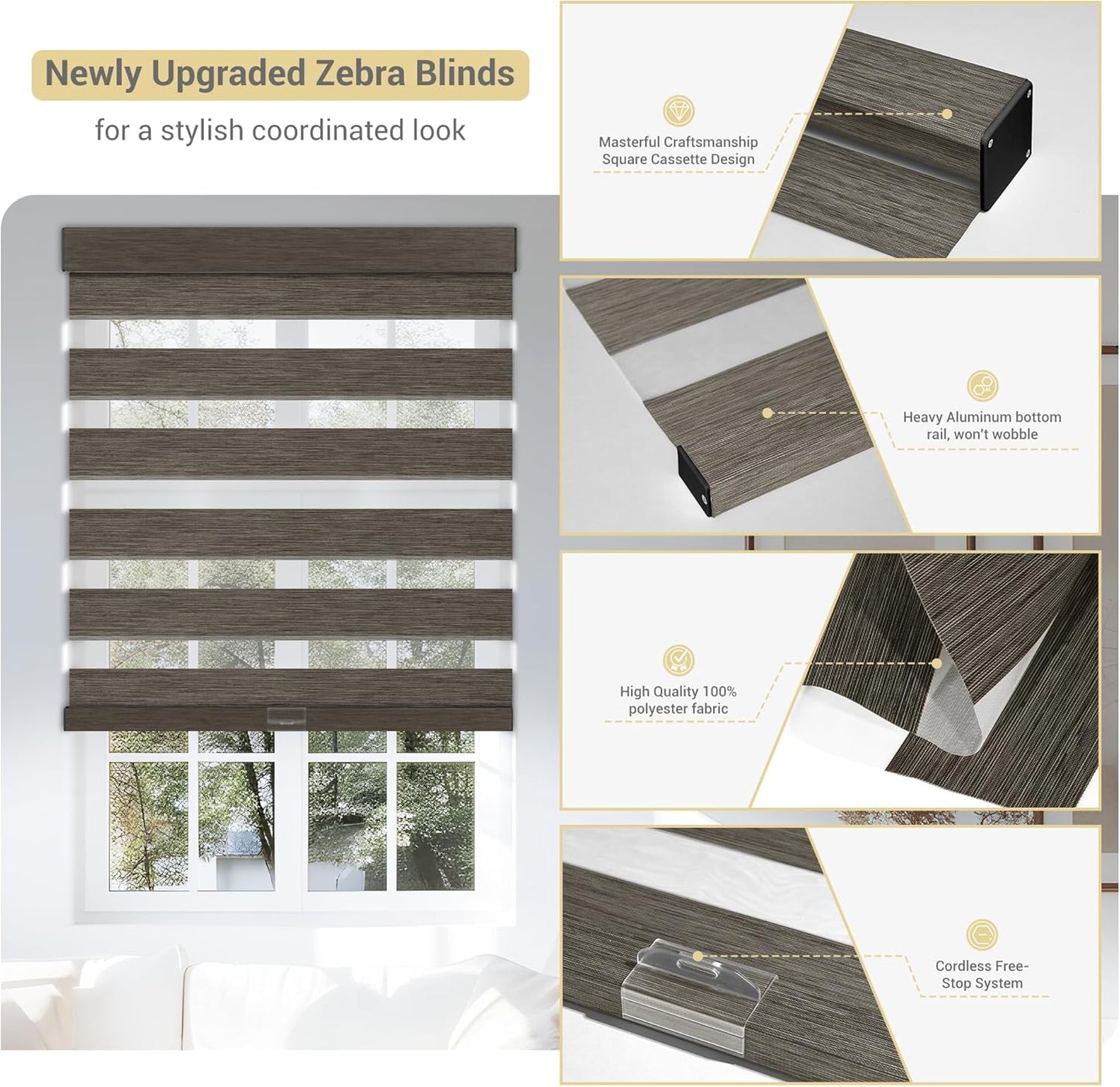 Cordless Zebra Blinds for Windows, Blackout Interior Blinds,Easy to Install,UV Protection,for Offices and Home,Custom Roller Shades, Mousse Dark Bown,84" W x 36" H