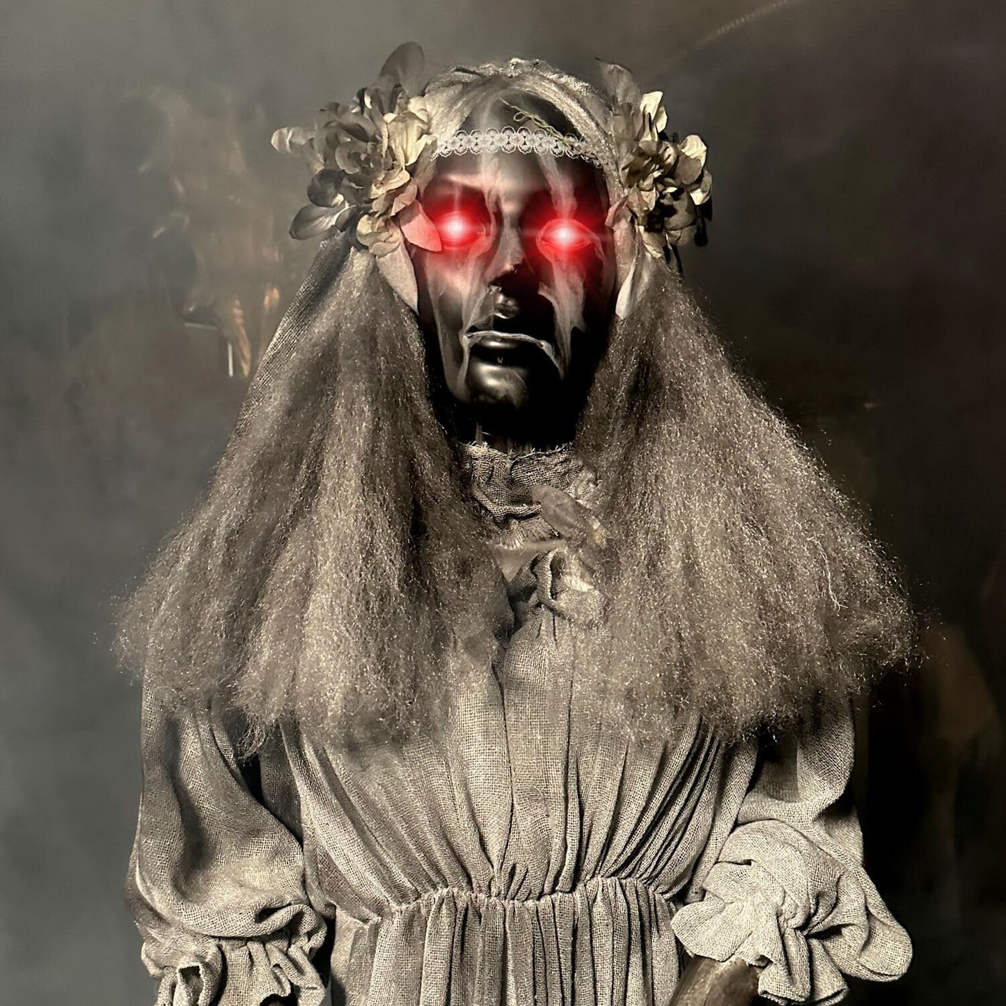 Haunted Hill Farm Lifesize Animatronic Scary Haunted Lady Statue with Touch Activated Lights and Sound, Battery-Operated Indoor or Covered Outdoor Halloween Decoration