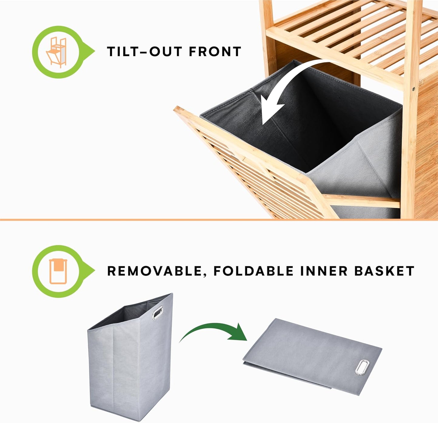 Prosumer’s Choice Bamboo Tilt-Out Laundry Hamper with 2-Tier Storage Shelves – Freestanding Clothes Hamper with Removable Liner, Space-Saving Design for Bathroom or Bedroom – 15.5”L x 11.8”W x 37.4”H