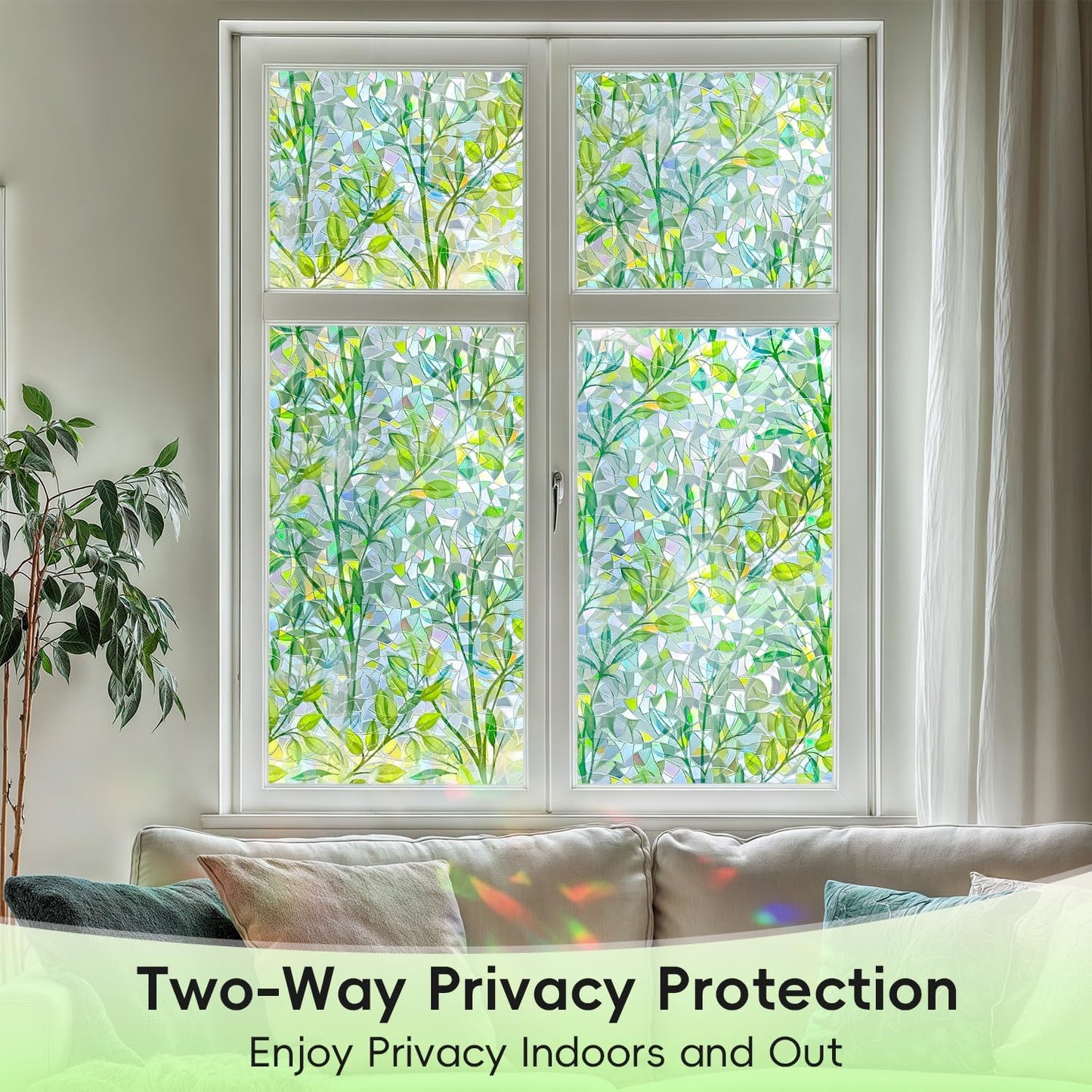 DUOFIRE Window Privacy Film Decorative Stained Glass Window Film Rainbow Foliage Windows Cling Anti UV Non-Adhesive Static Cling Reusable Colorful Windows Decal for Home 35.4×78.7 inch