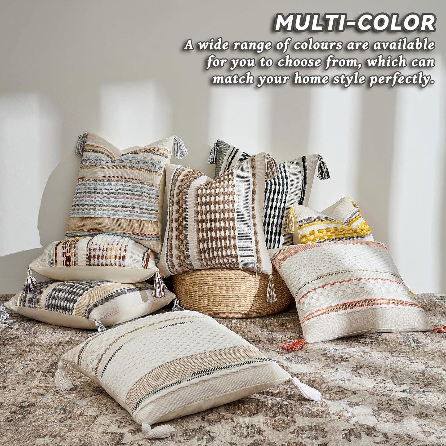 AmHoo Set of 2 Chenille Striped Textured Boho Throw Pillow Covers Aesthetic with Tassels Woven Decorative Pillow Case for Couch Bed Sofa Bedroom Modern Funky 18 x 18-Inch Grey White