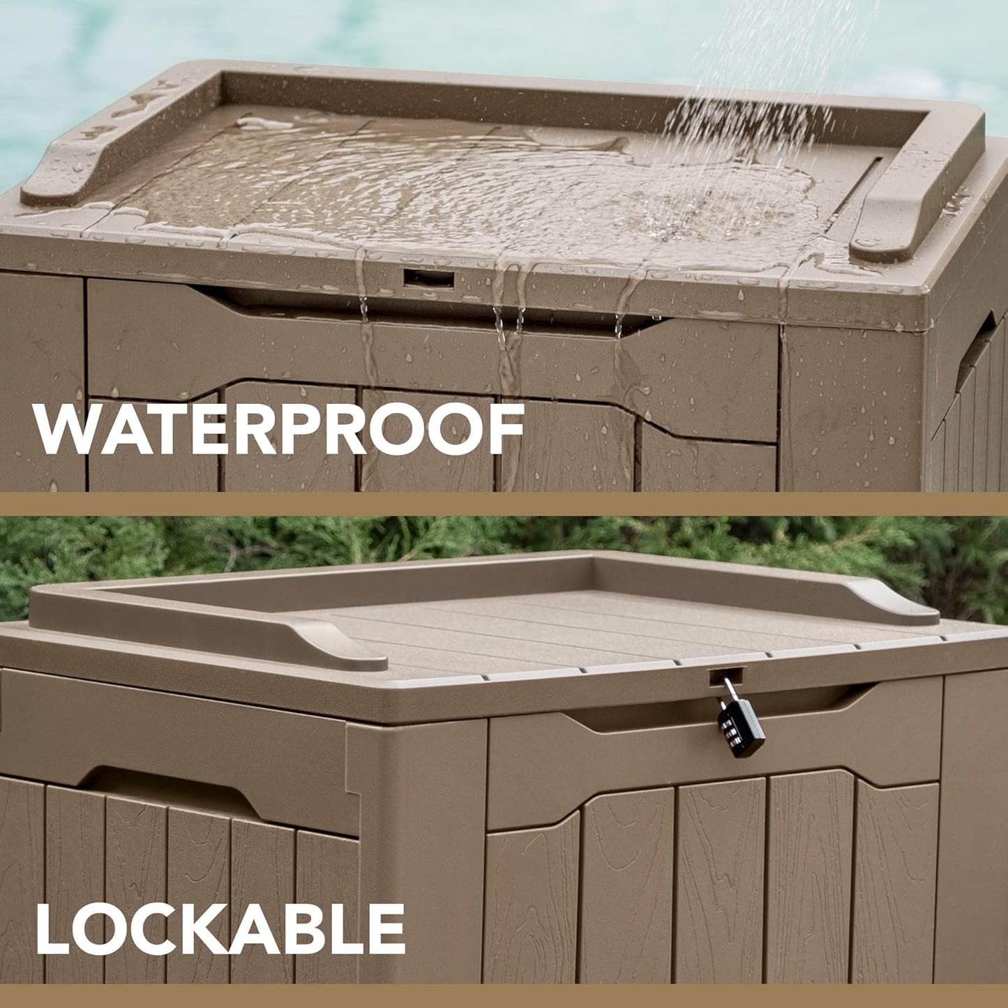 Devoko 30 Gallon Resin Deck Box Outdoor Indoor Waterproof Storage Box for Patio Furniture Pool Accessories Storage for Cushion Garden Tools (30 Gallon, Light Brown)