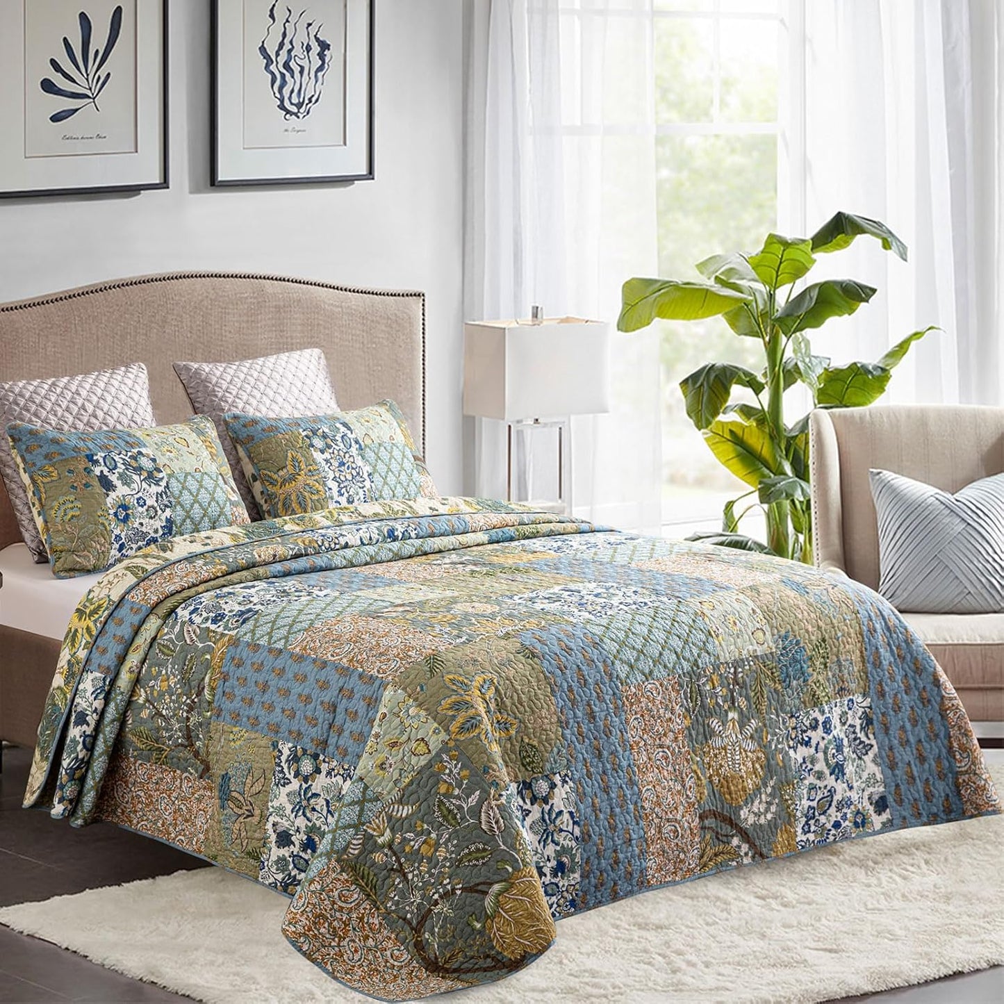 YAYIDAY Quilt King Size Patchwork Bedspread - 100% Cotton Reversible Breathable Green Leaves Quilted Quilt with Pillow Shams for All Seasons
