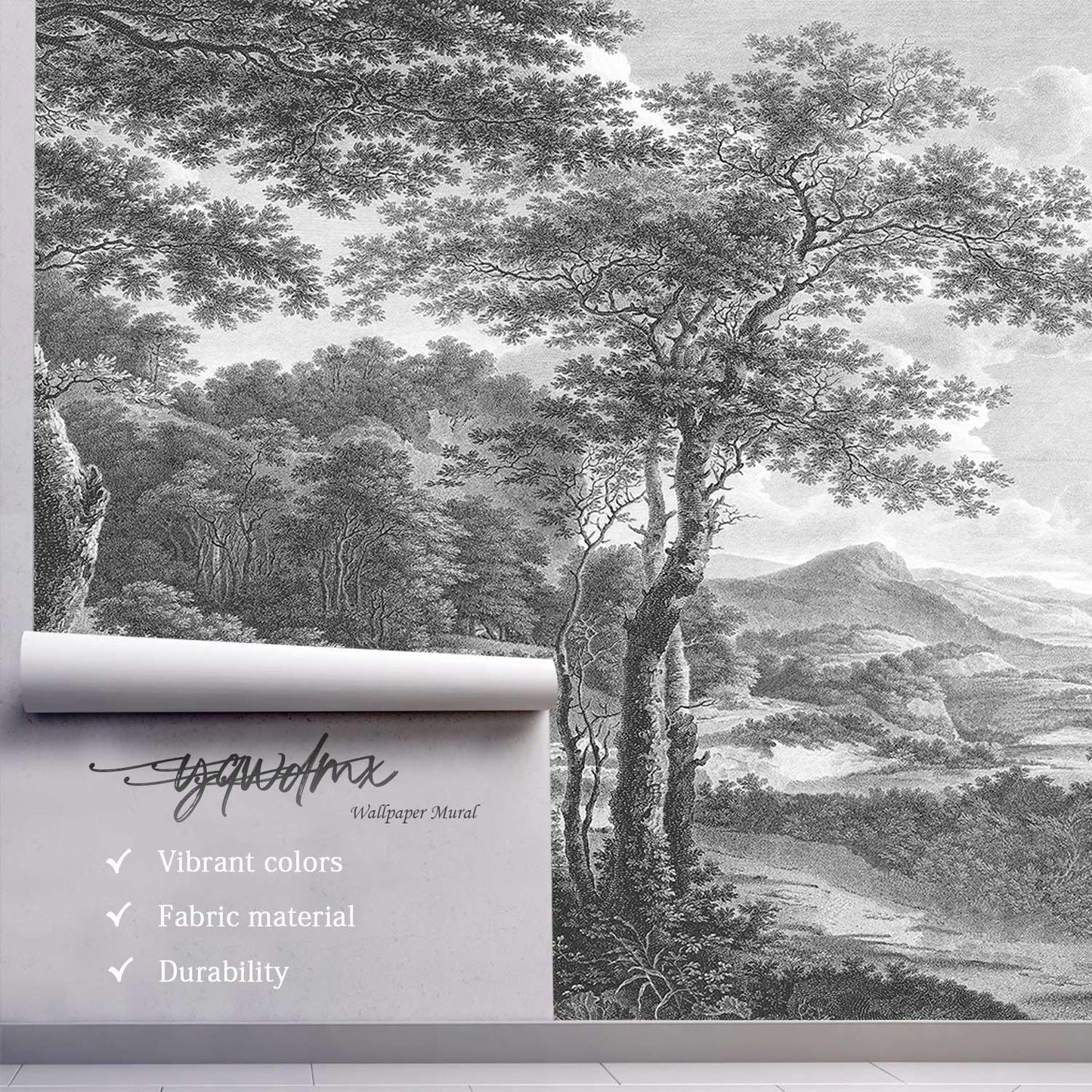 -Vintage Forest Fabric Wallpaper Grey Tree Mural Living Room 180" x 115" (Not Peel and Stick)