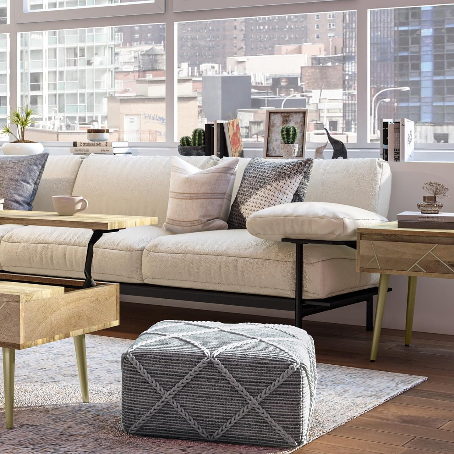 SIMPLIHOME Cowan Contemporary Square Pouf in Grey, Natural Handloom Woven for the Living Room, Bedroom and Kids Room