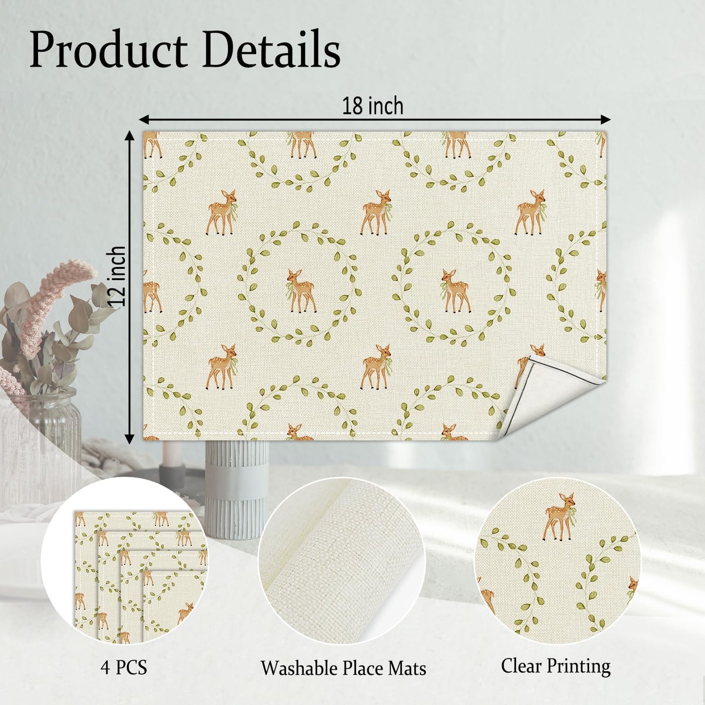 Fawn Themed Placemats Set of 4, Green Leaf Table Mat for Home Kitchen, Restaurants, Outdoor Linen Washable Place Mats 12x18 inch Party Event Dining Decoration-10