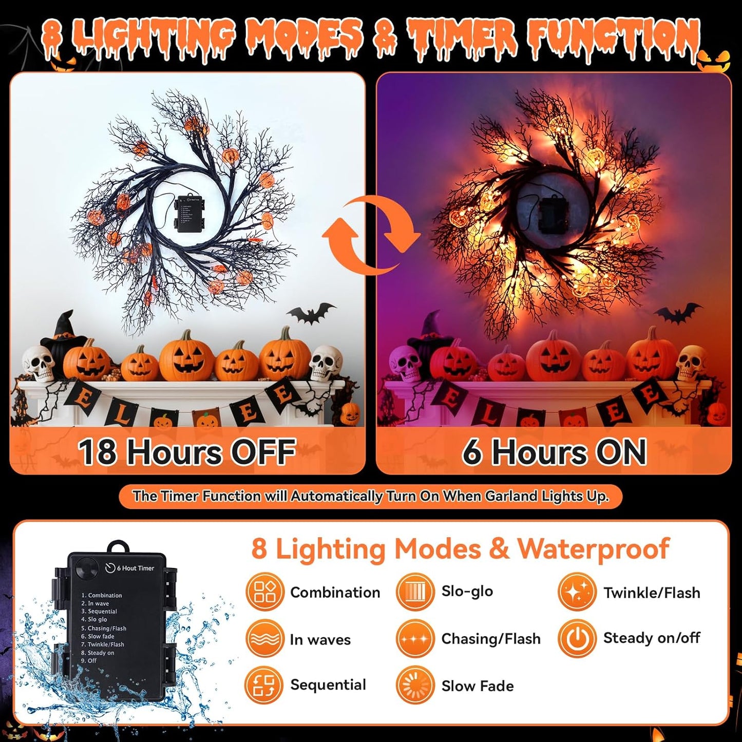 [8 Modes & Timer] 6Ft 45 LED Halloween Willow Vine Twig Garland with Orange Lights - Battery Operated, Waterproof Halloween Decor for Indoor Wall, Fireplace Mantle, Home Party (Pumpkin, 6FT)