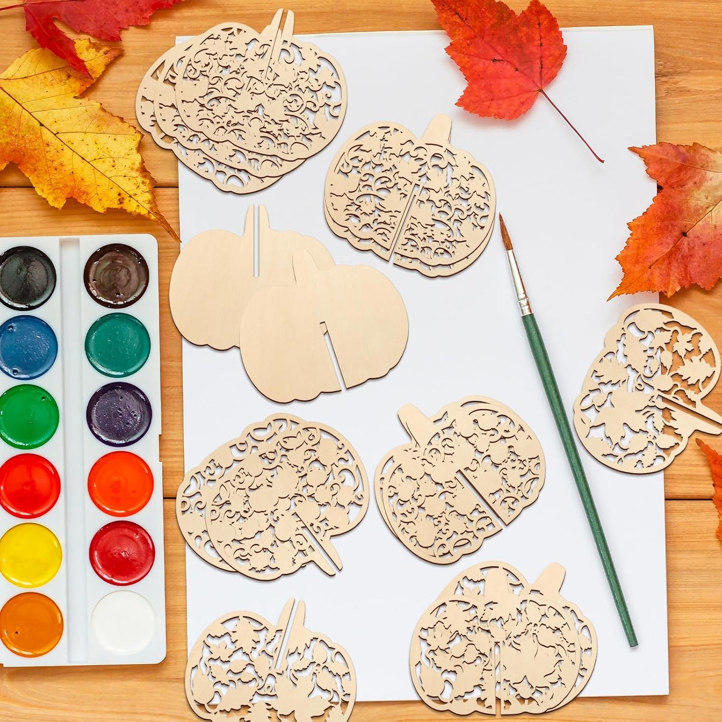 COCHIE DIY 3D Fall Pumpkin Wood Crafts to Paint for Kids Adults, Paintable Unfinished Wooden Slices for Craft, Cutouts Ornaments for Painting Decorations (24 PCS)