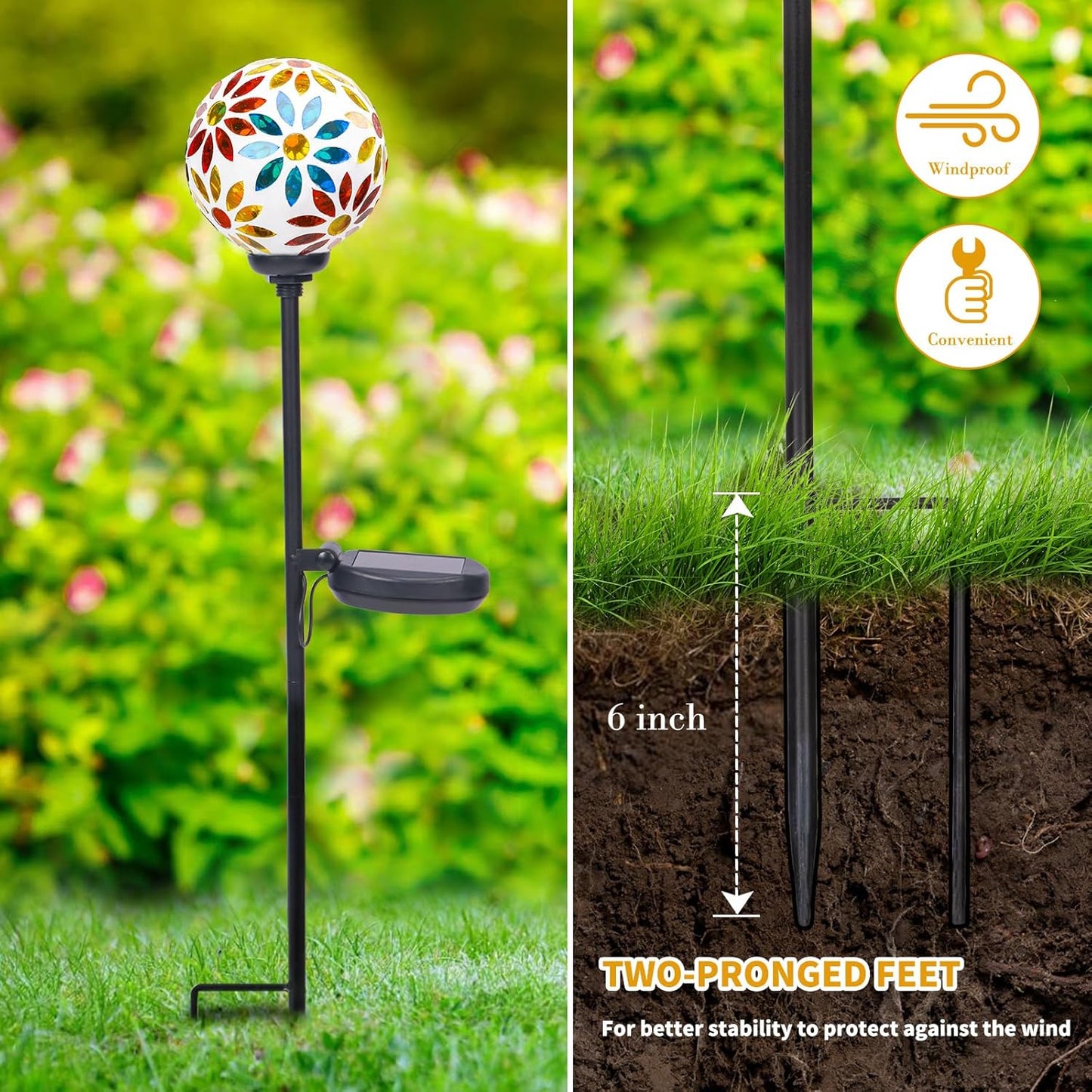 Afirst Solar Lights Outdoor Decorative - Solar Gazing Ball Mosaic Garden Stakes Flower Decorative Lights Waterproof for Pathway Yard Lawn Decoration Yellow