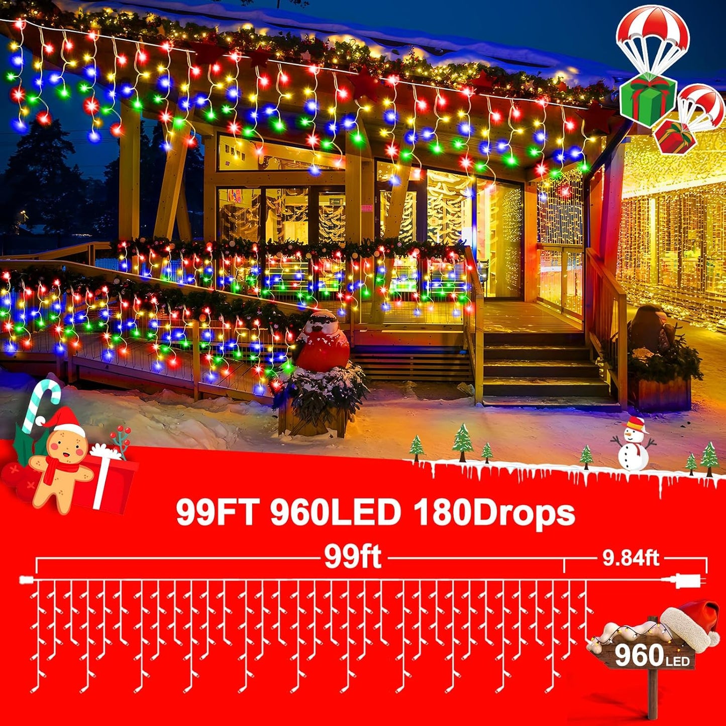 KNONEW 99ft 960 LED Christmas Lights Outdoor Decorations with 180 Drops, 8 Modes Curtain Fairy Light, Clear Wire LED String Light Indoor Decor for Wedding Party Christmas(Multicolor)