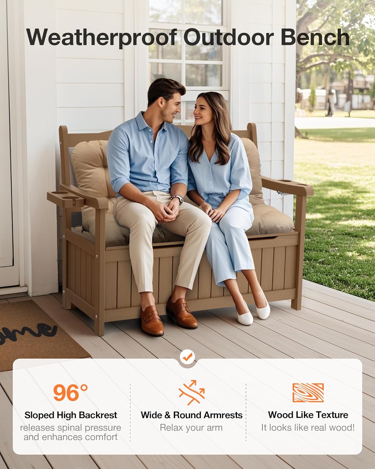 YEFU Outdoor Storage Bench for Patio: Heavy Duty Garden Bench Set of 2 with 96° High Backrest & Oversized Seating - HIPS Weatherproof Patio Bench with Storage for Porch Park Backyard, Teak